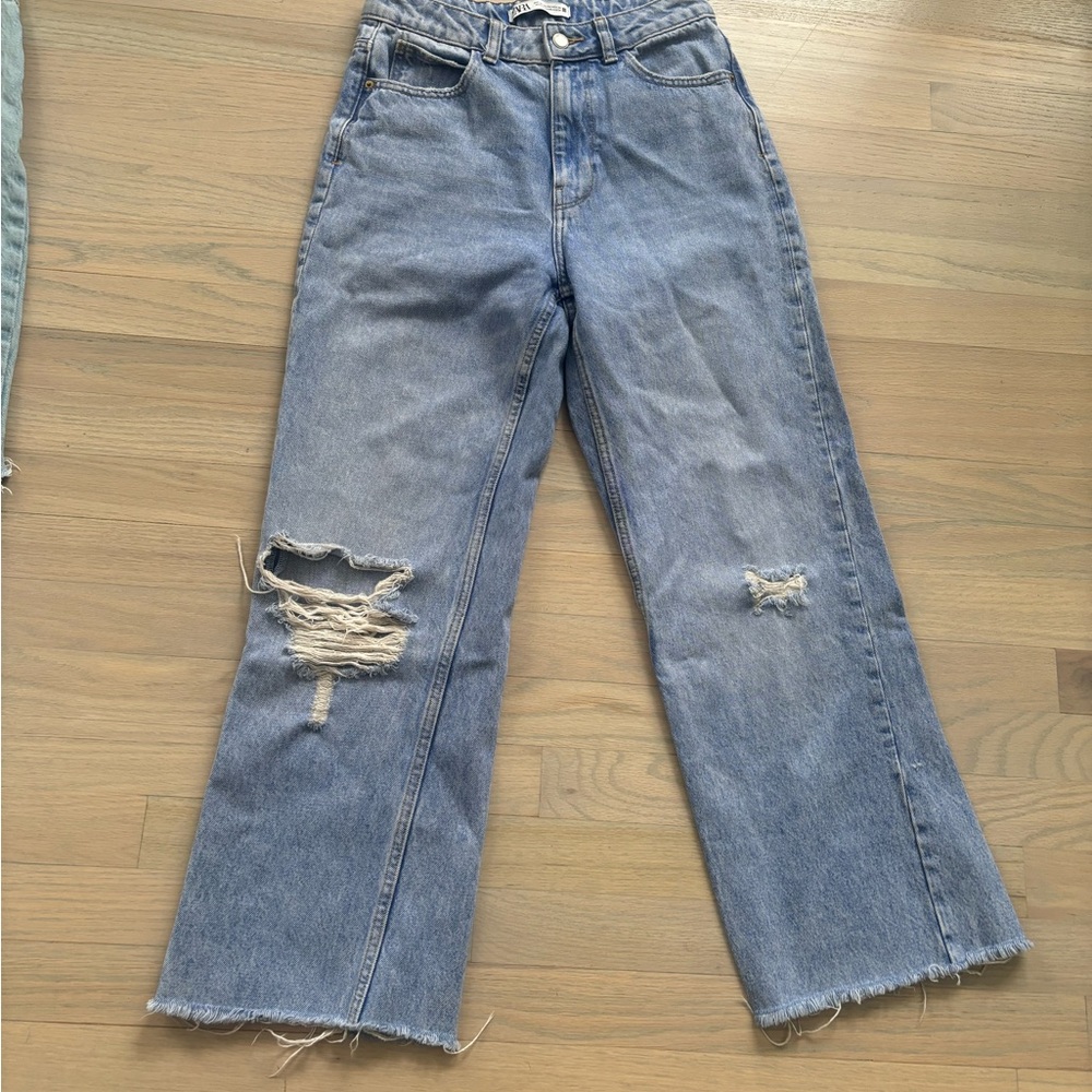 Zara Blue Flare Wide Leg Jeans with Distressed Details
